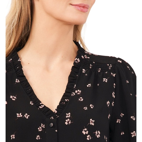 CeCe Women's Floral-Print Button-Front black Blouse/size L - Picture 3 of 3